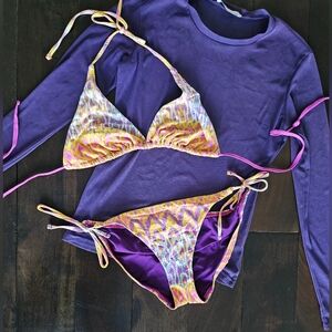 Vintage Multicolor Bikini Set with Mesh Long Sleeve Top